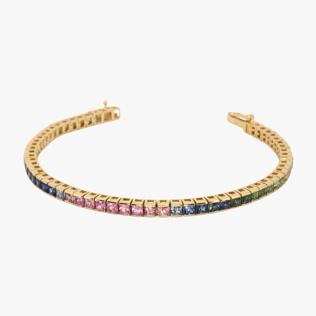 2.5mm Princess Cut Channel Set Tennis Bracelet - Rainbow Sapphire - 14K Gold