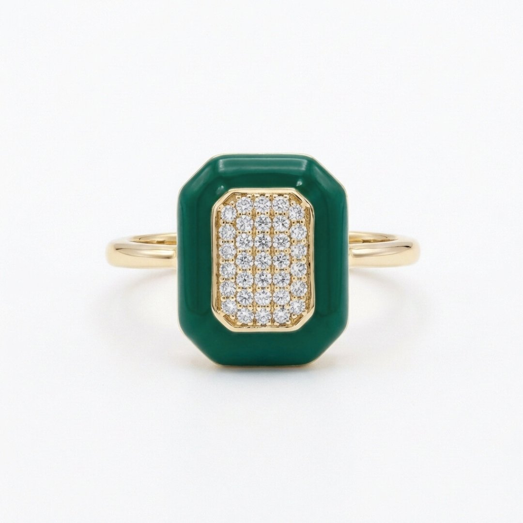 Enamel Diamond Ring - Emerald Green - 14K Gold