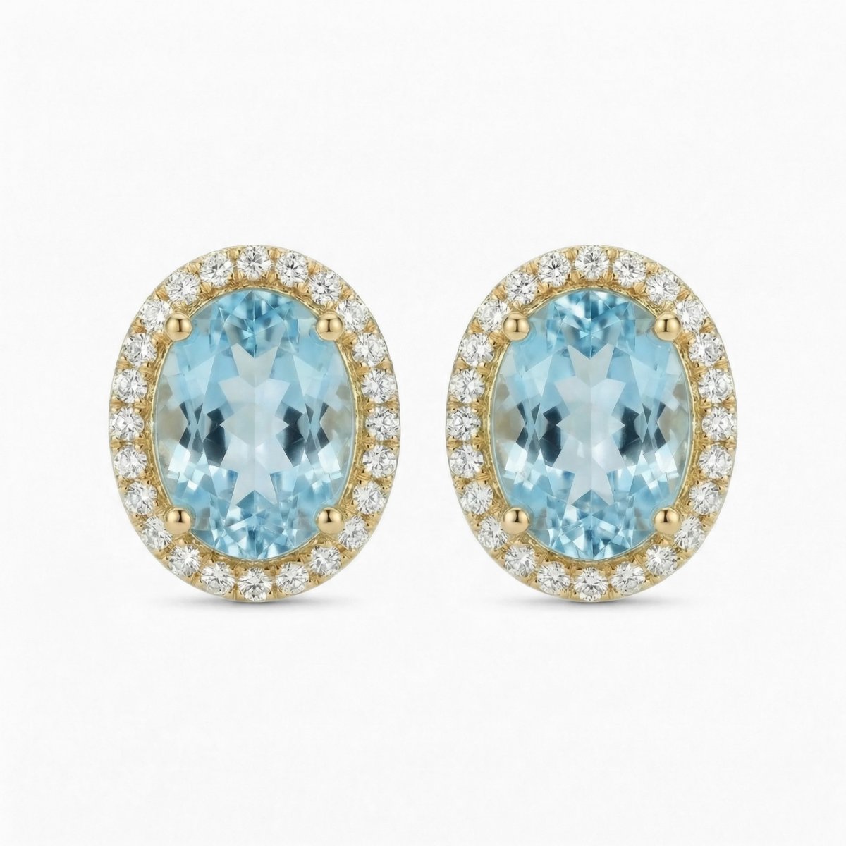 Aquamarine Halo Diamond Earring Studs - 14K Gold
