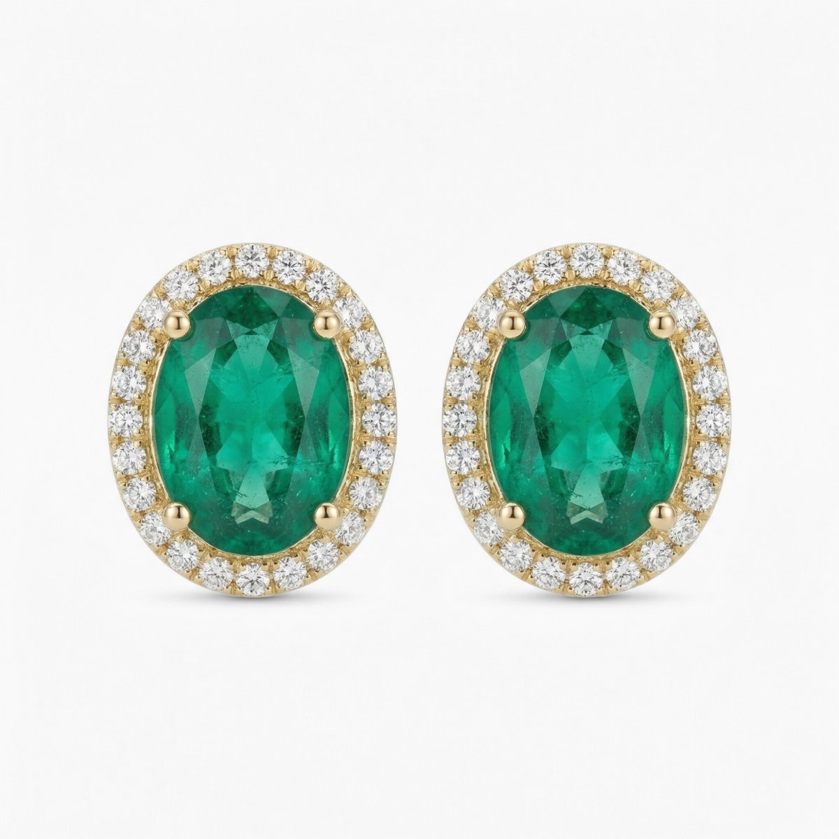 Emerald Halo Diamond Earring Studs - 14K Gold