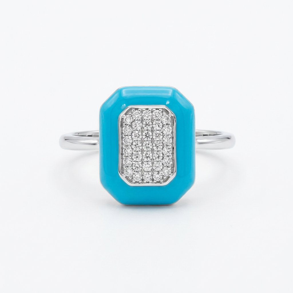 Enamel Diamond Ring - Sky Blue - 14K Gold