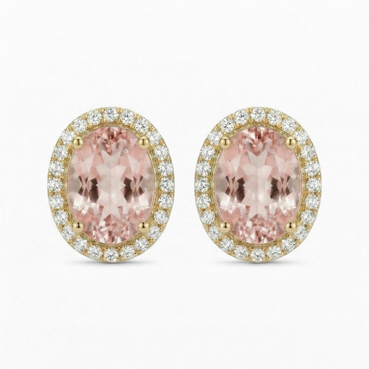 Morganite Halo Earring Studs - 14K Gold