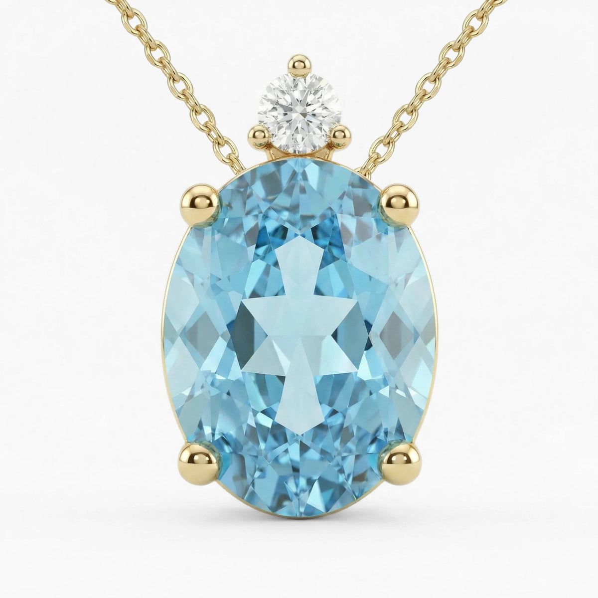 Aquamarine Pendant Necklace with 1 Diamond on top - 14K Gold