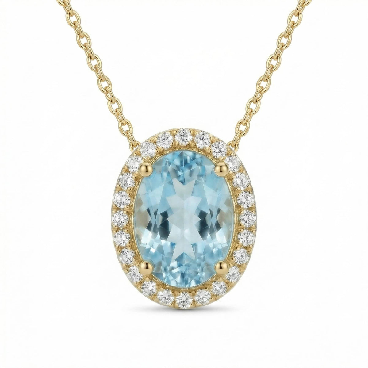 Aquamarine Halo Pendant Necklace - 14K Gold