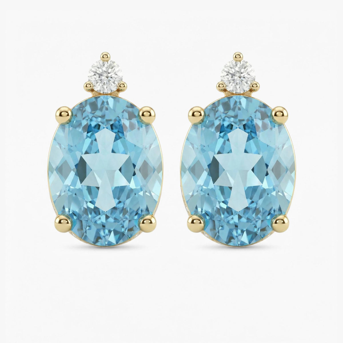 Aquamarine Earring Stud with 1 Diamond on top - 14K Gold