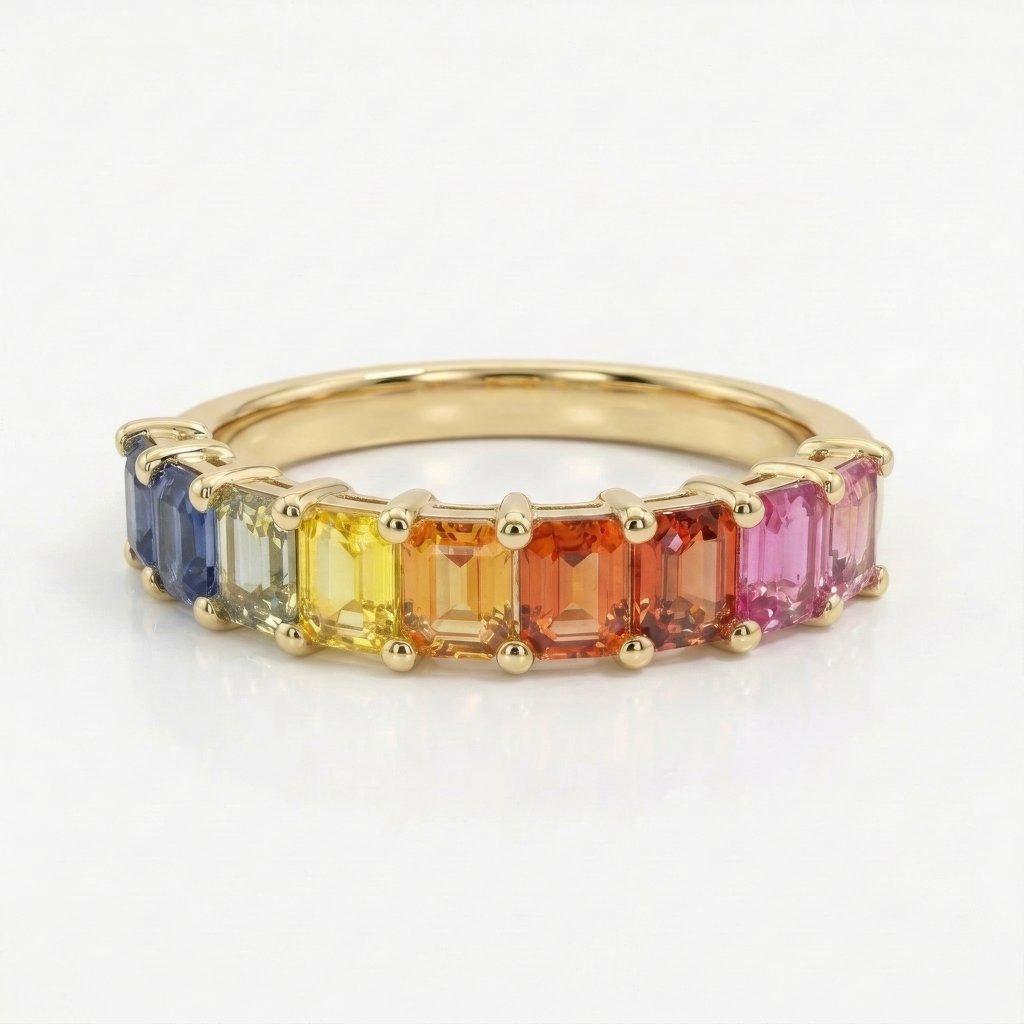 4x3mm Rainbow Sapphire Half Eternity Ring - 14K Gold