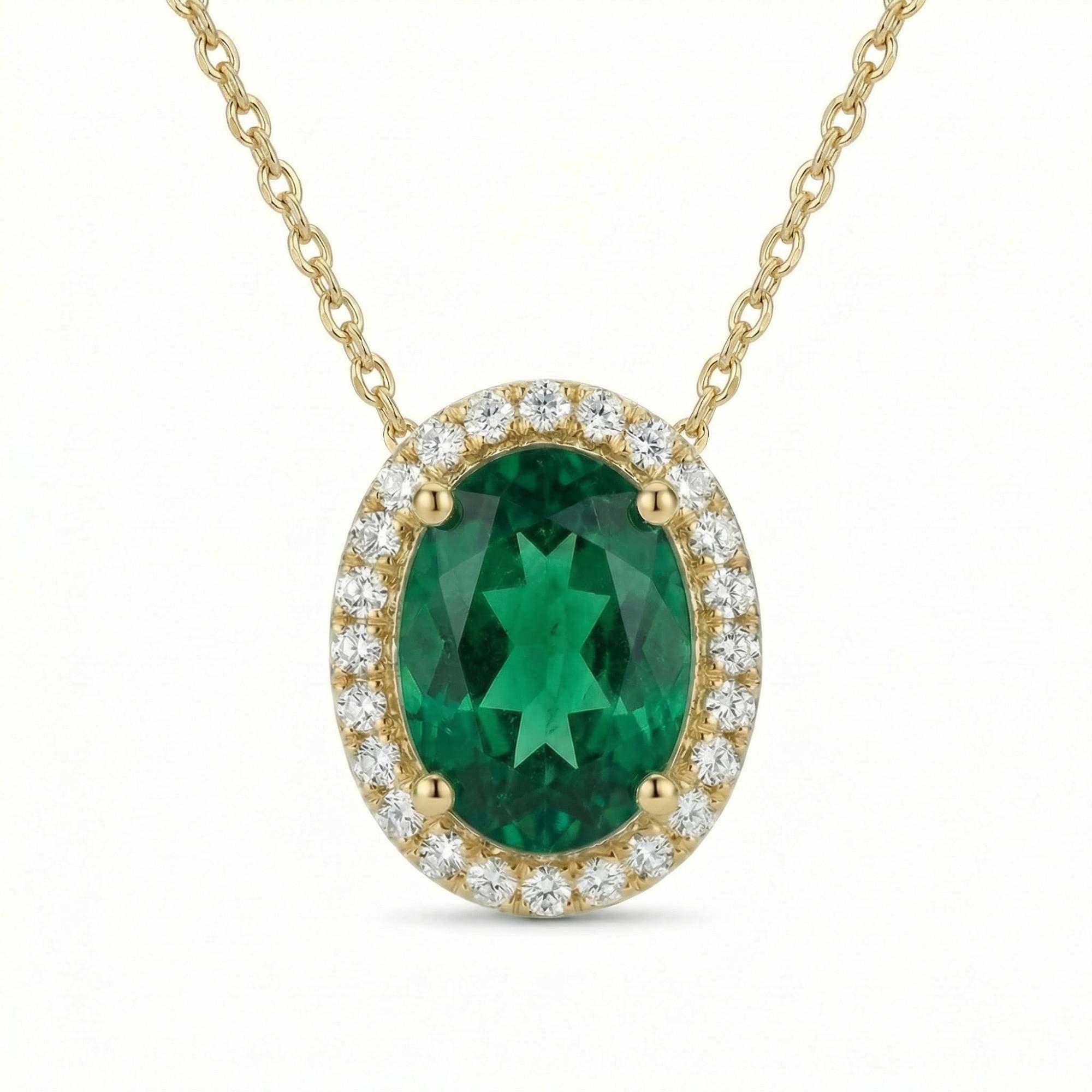 Emerald Halo Pendant Necklace - 14K Gold