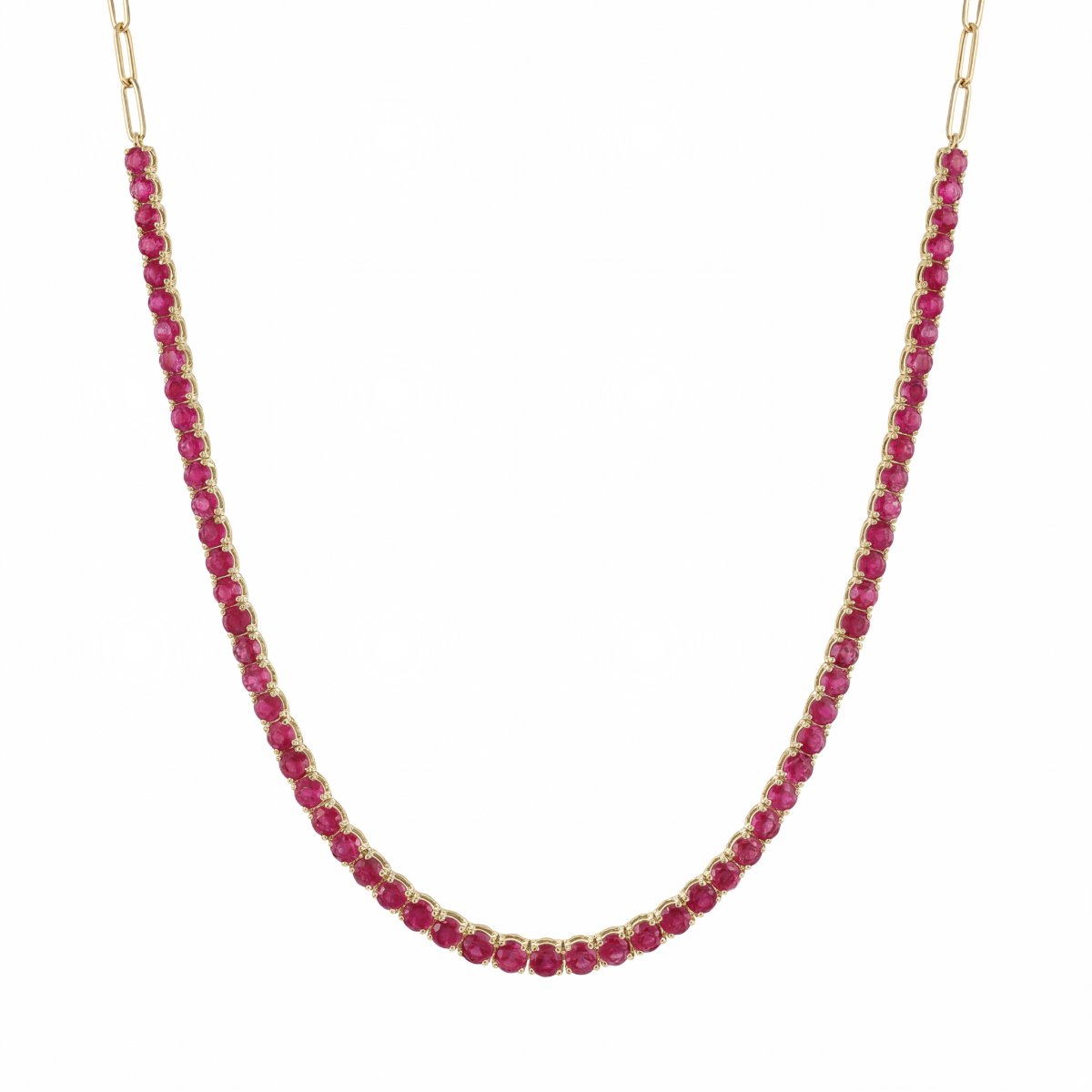 2mm Ruby Necklace with Paperclip Chain (18") - 14K Gold